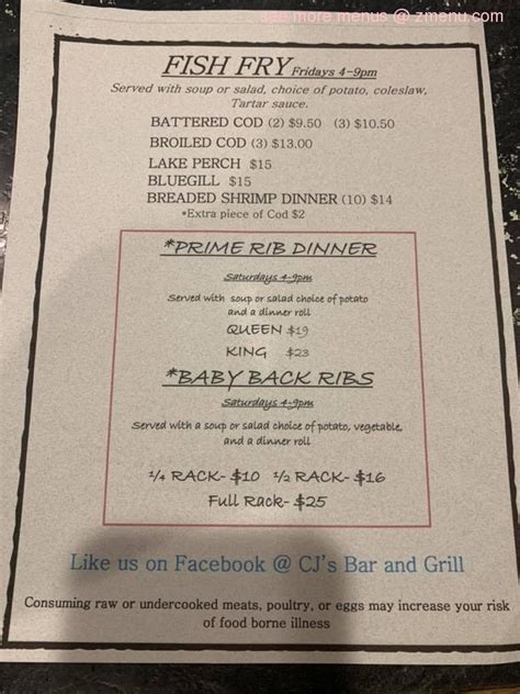 Menu at CJ's Bar & Grill, Fall River