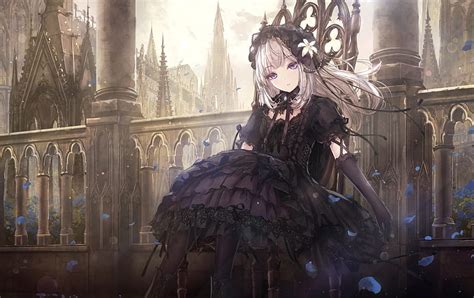 Gothic anime girl, lolita, throne, castle, purple eyes, artwork, Anime, HD wallpaper | Peakpx