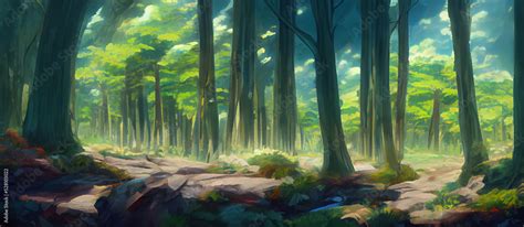 A beautiful rural nature forest. An Illustration in an Anime background ...