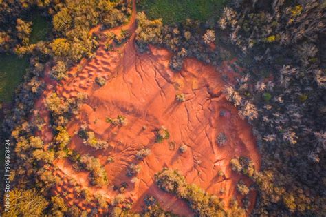 Gant, Hungary - Aerial view of abandoned bauxite mine, bauxite formation, the red mountains ...