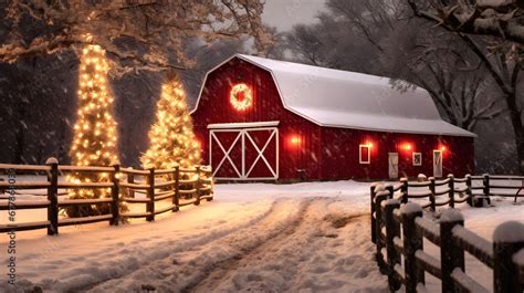 A snowy scene with a red barn and Christmas lights, christmas picture ...