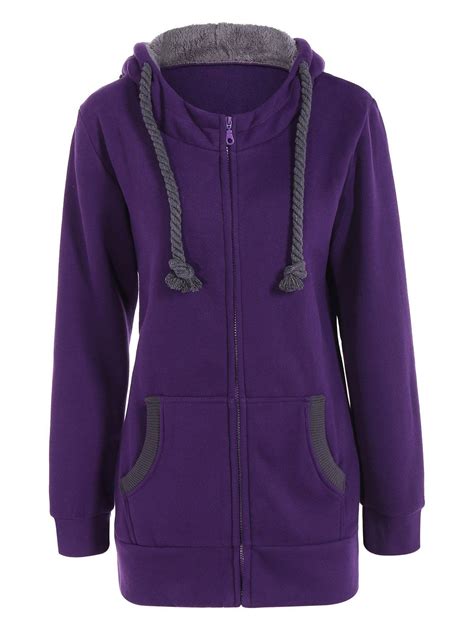 [80% OFF] Drawstring Zip Up Fleece Purple Hoodie | Rosegal