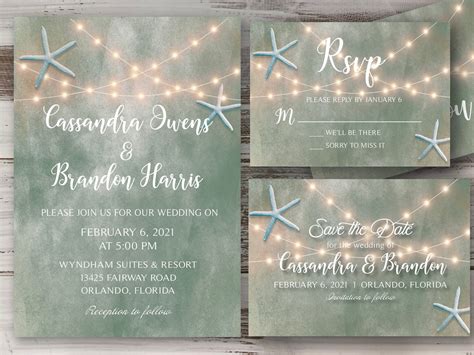 Beach Wedding Invitations Invite RSVP Cards Starfish Navy Aqua | Etsy