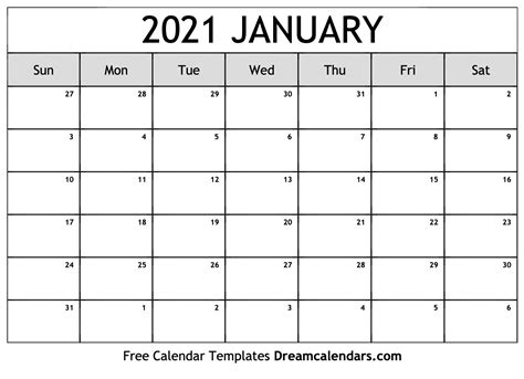 January 2021 Calendar - Free Printable with Holidays and Observances