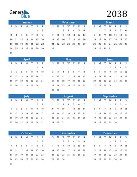 2038 Calendar (PDF, Word, Excel)