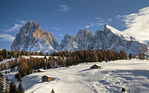 nature, landscape, forest, cabin, mountains, winter, snow, trees, sky, Seiser Alm, daylight ...