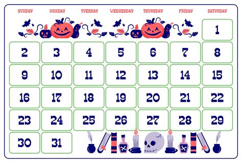 Halloween Theme Printable October Calendar