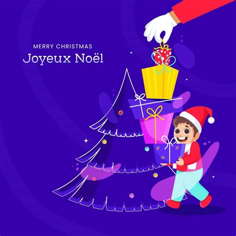 Merry Christmas Font In French Language With Line Art Xmas Tree And Cheerful Boy Holding Stack ...