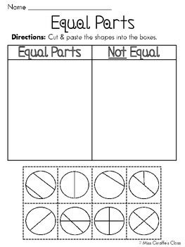 Equal Parts of a Whole Fractions Worksheets by Miss Giraffe | Teachers Pay Teachers