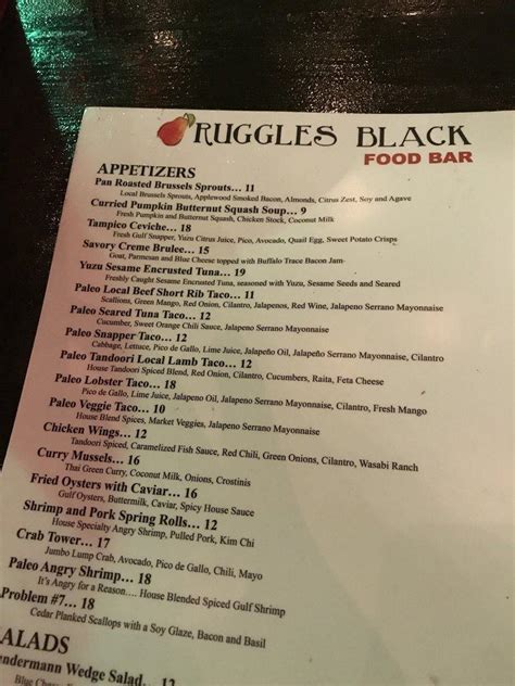 Menu at Ruggles Black restaurant, Houston, W Alabama St