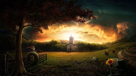 Online crop | gray church near on garden wallpaper, church, clouds, sunset, swing HD wallpaper ...