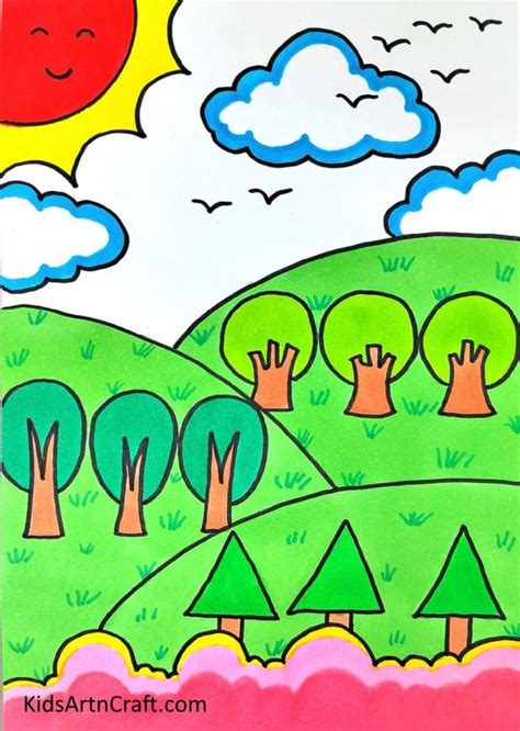 Landscape Drawing Step by Step Tutorial for kids - Kids Art & Craft