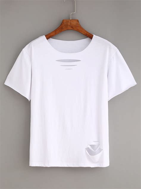 Ripped Plain White T-shirt -SheIn(Sheinside)