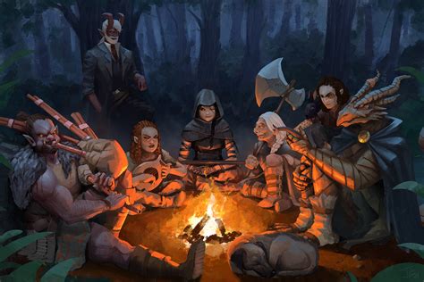 [OC][ART] A sit by the campfire. Artwork by me for my client's party. : DnD | Campfire drawing ...