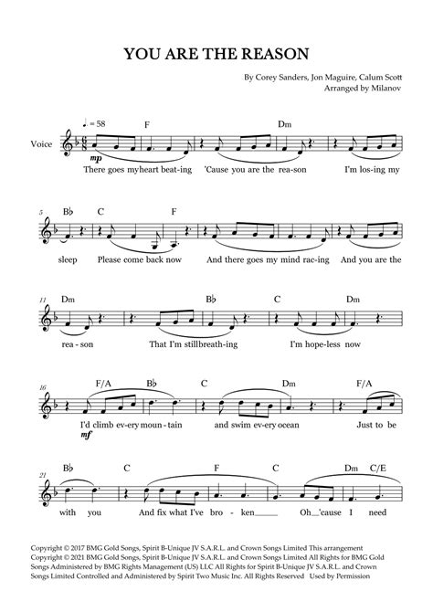 You Are The Reason (arr. Milanov) by Calum Scott Sheet Music for Lead Sheet / Fake Book at Sheet ...