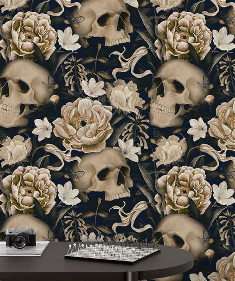 Dark Floral With Skull Wallpaper, Gothic Flower Wall Mural, Peel and ...