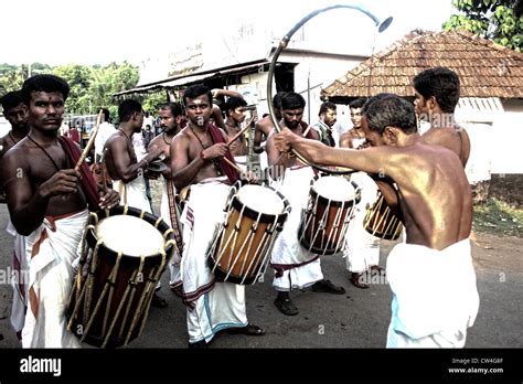 Typical Chenda Melam musical performance in the courtyard of a temple, festival, Kerala, India ...