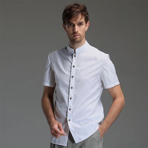 Mandarin Collar Short Sleeve Cotton Shirt - White