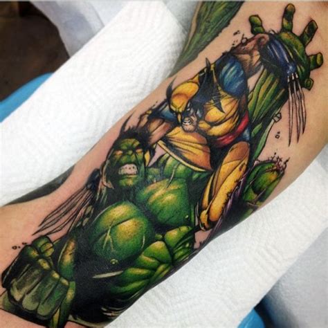 Superior colored forearm tattoo of Hulk and Wolverine heroes ...