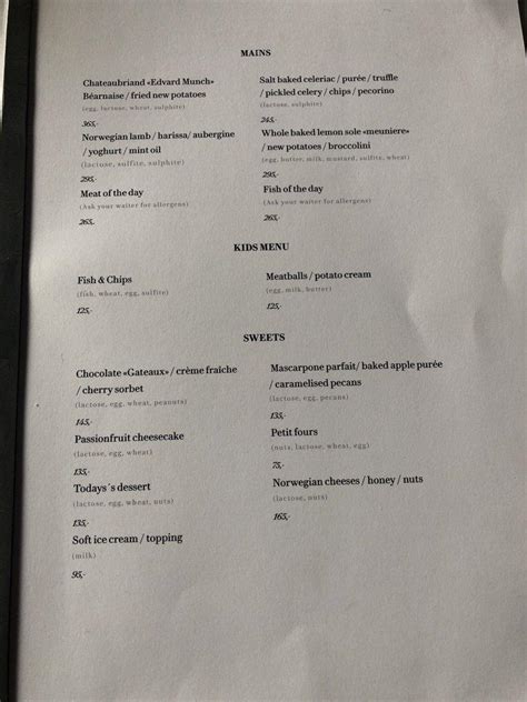 Menu at Grand Hotel Oslo restaurant, Oslo