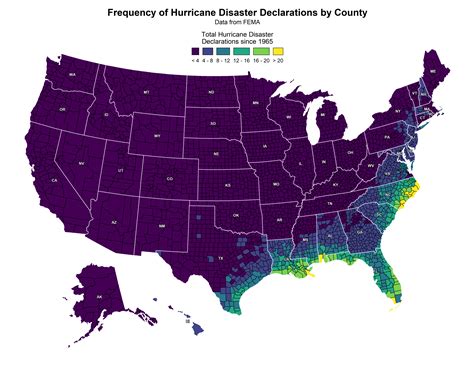 [OC] FEMA Hurricane Disaster Declarations since 1965 by County : r ...