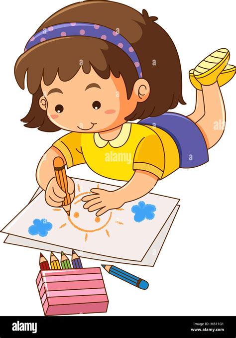 Little girl drawing sun on paper illustration Stock Vector Image & Art - Alamy