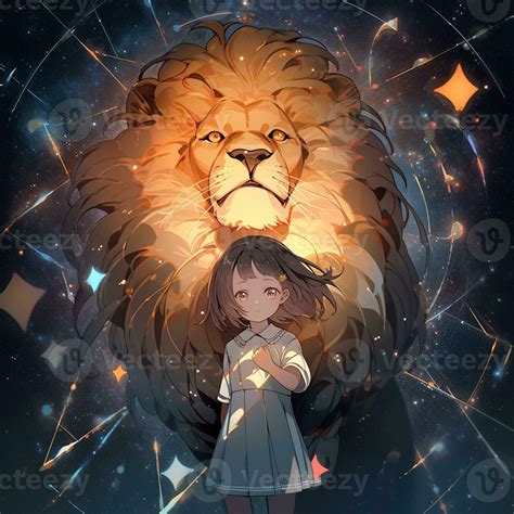 anime girl standing in front of a lion with stars in the background ...