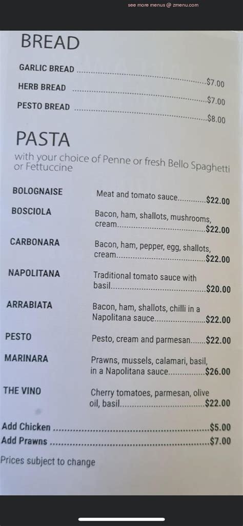 Menu at Pizza Vino restaurant, Coffs Harbour