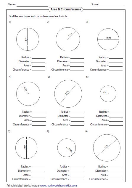 Circumference and Area of Circle Worksheets