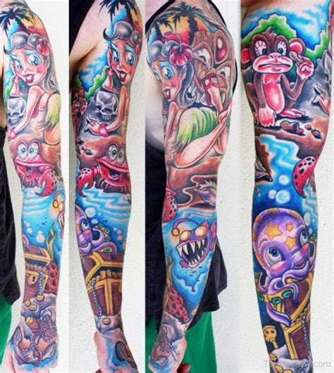 Colored Cartoon Tattoo On Full Sleeve - Tattoos Designs