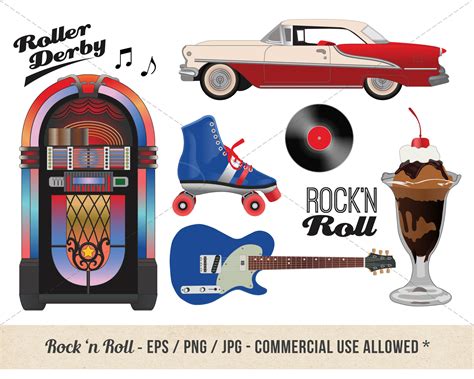 Retro Rock and Roll Clipart Juke Box Classic Car Retro Roller Derby ...