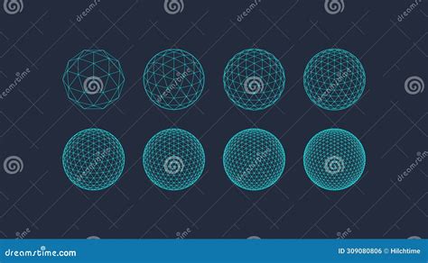 3D Geometric Shapes Set, Editable Stroke Wireframe. Line Mesh Spheres, Geodesic Dome. Vector ...