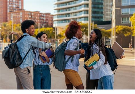 Group Young Students Hugging Each Other Stock Photo 2216300569 ...