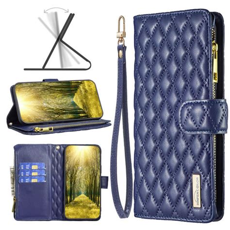 iPhone 15 Pro Luxury Quilted Leather Zipper Wallet Case with 9 Card ...