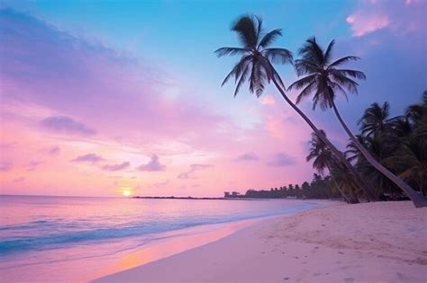 Premium Photo | A beach with palm trees and a pink sky