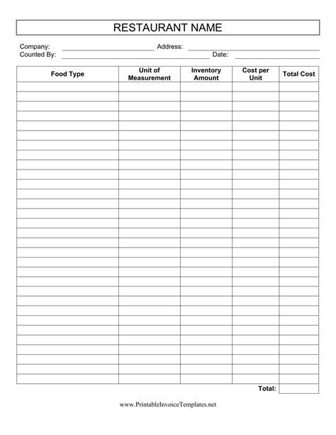 Blank Food Inventory Sheet Printable