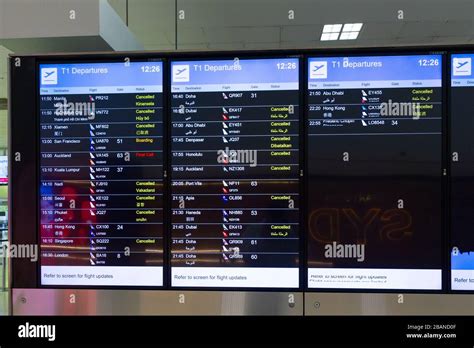 A flight departures board at Sydney (Kingsford Smith) Airport's ...