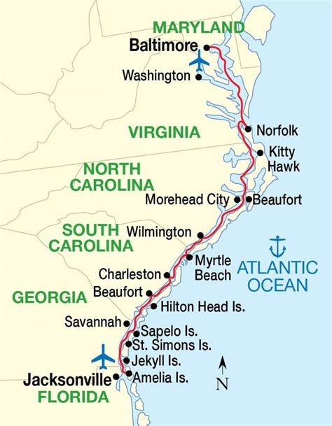 Mappa di east coast USA spiagge - Mappa di NOI spiagge della costa est (America del Nord - America)