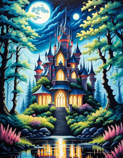 a (enchanted castle:1.5), a fantasy forest, moonlit night, lake in the background, acrylic art ...