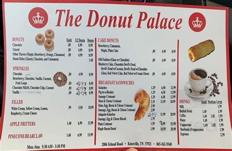 The Donut Palace menu in Knoxville, Tennessee, USA