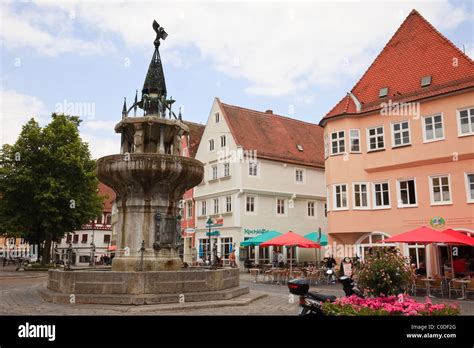 Nördlingen, Bavaria, Germany, Europe. Fountain in town square in ...