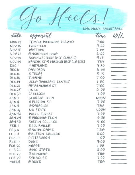 Exceptional unc basketball schedule printable | Vargas Blog