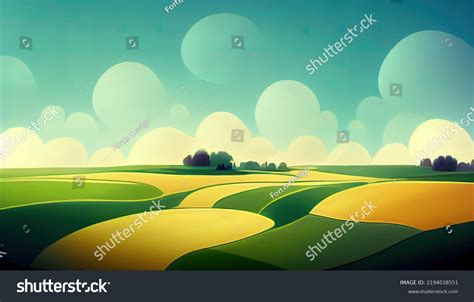 Landscape Cartoon Painting Fields Clouds Drawing Stock Illustration ...