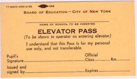 Spring Elevator Pass | Stuyvesant '62