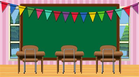 Classroom Scene With Blackboard And Desks Stock Illustration - Download ...