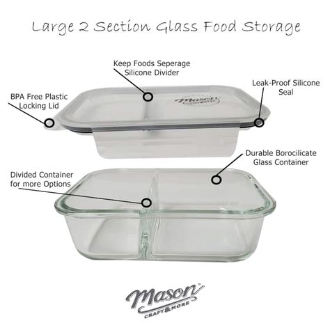 Mason Craft & More 33oz Rectangular 2.5 Section Glass Food Storage with Gray Gasket - Set of 6 ...