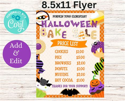 Halloween Bake Sale Editable Price List, Instant Download Holiday Bake ...