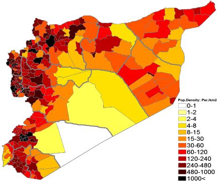 Population density (administrative boundaries) map of Syria.Подробная ...