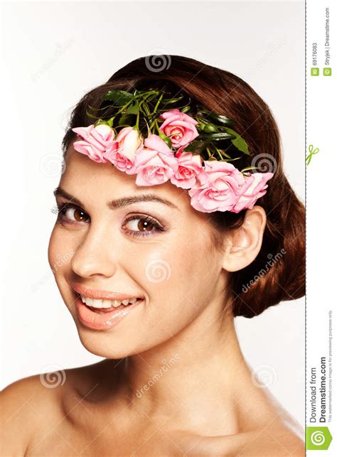 Pretty Girl Smiling with Flowers Stock Image - Image of cheerful, happy: 69176083