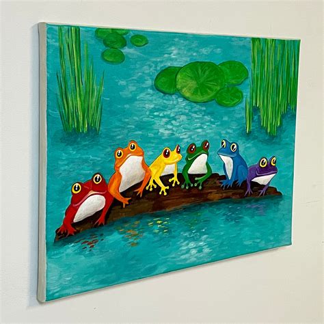 Rainbow Frogs on a Log Painting, 16x12 Acrylic Canvas for Home, Office or Childrens Rooms. - Etsy
